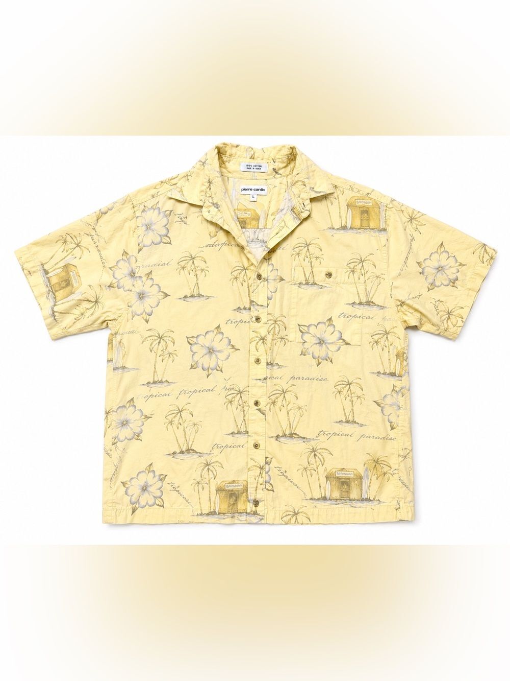 Pierre Cardin Pale Yellow Tropical Print Short Sleeve Shirt Size Large
